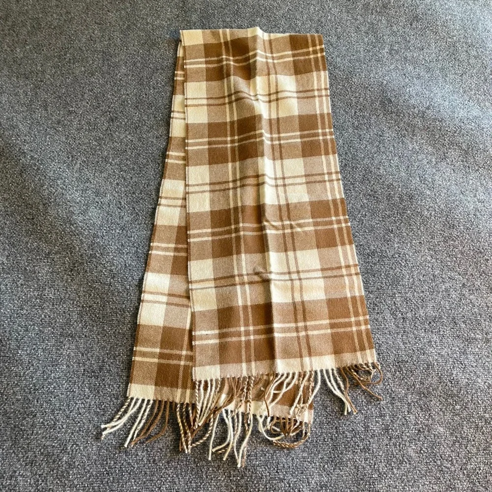 Huallpatex Brown Cream Plaid 100% Baby Alpaca Wool Scarf Fringe Made in Peru Men